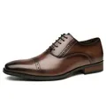 Classic brown leather men's Oxford shoes with elegant brogue carving and cap-toe design - 39 / Brown