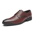 Elegant dark brown embossed genuine leather Derby dress shoes for men with lace-up closure - Dark Brown