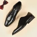 Zapatos Oxford clásicos de cuero genuino negro estilo brogue para hombres boda y negocios - Negro