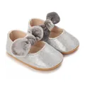 Shiny silver glitter baby girls' princess shoes featuring soft soles and a velvet bow - Silver