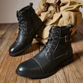 Classic black men's retro lace-up work boots with side zipper detail and round toe design - 40 / Black