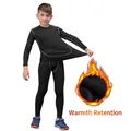 Detailed close-up showing the warm fleece lining of children's thermal compression suit - Kids-20 / Top And Bottom / Fleece Lined Black-Grey Line