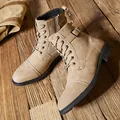 Men's retro khaki Martin boots with side zipper and rugged lace-up design for winter - 40 / Khaki