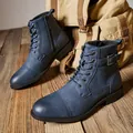 Retro British style men's blue leather Martin work boots with side zipper and lace-up - 41 / Sapphire Blue