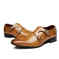 Classic tan leather double monk strap dress shoes for men with elegant cap toe detail - 39 / Brown