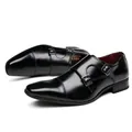 Elegant black genuine leather double monk strap shoes with cap-toe for business wear - 39 / Black