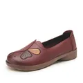 Comfortable wine red leather flat shoes for elderly women with floral pattern detail - 35 / Burgundy