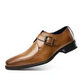 Elegant brown leather monk strap dress shoes for men with sharp pointed toe design - 39 / Brown