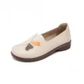 Comfortable beige embroidered flat leather shoes for middle-aged and elderly women - 38 / Off White