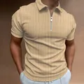 Close-up detail of a men's slim fit half-zip polo shirt featuring khaki vertical stripes - S / Tops / Khaki