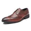 Classic brown genuine leather brogue derby shoes with elegant wingtip carved details - 38 / Dark Brown