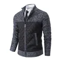 Close-up of men's knit cardigan jacket with quilted front and stand collar - M / Tops / Dark Gray