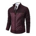Men's burgundy knitted jacket with quilted front panel and sleek stand collar - M / Tops / Burgundy