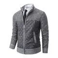 Detail view of men's grey slim fit knit cardigan with quilted diamond pattern jacket - M / Tops / Light Gray