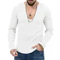 Macro view of men's trendy white deep V-neck ribbed knit long sleeve shirt on male model - White