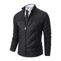 Professional view of men's slim fit knitted jacket with quilted front and stand collar - M / Tops / Black