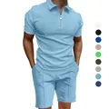 Dettaglio polo da uomo in maglia a nido d'ape blu con colletto a zip e pantaloncini - Celeste