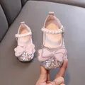 Sparkling pink girls' princess Mary Jane shoes featuring rhinestone bow and pearl strap - 21 / Pink