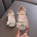 Sparkly rhinestone girls princess dress shoes with pearl strap and large bow detail - 21 / Gold