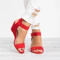 Elegant red suede wedge sandals with adjustable ankle strap and buckle for women - 35 / Red