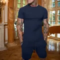 Completo sportivo estivo da uomo blu navy in tinta unita con t-shirt a maniche corte e pantaloncini - Blu navy
