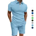 Conjunto de polo y pantalones cortos de punto gofrado para hombre en color azul claro - Azul cielo