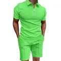Detalle del conjunto de polo tipo waffle verde neón para hombre con cuello con cremallera. - Verde Fruta