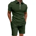 Vista detallada de la textura de punto gofre verde en conjunto de polo para hombre - Verde Militar