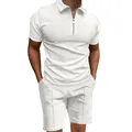 Completo casual estivo da uomo in maglia a nido d'ape bianca polo e pantaloncini - Bianco