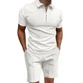 Conjunto de verano para hombre con polo de punto gofrado blanco y pantalones cortos - Blanco