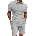 Conjunto informal de polo de punto gofrado y pantalones cortos en color gris claro - Gris claro