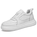 Premium men's white leather sneakers with invisible 8cm elevator height increase - White