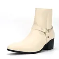 Cream-colored men's fashion ankle boots with silver chain and high block heel - 40 / Metal Chain High Heel Boots / Milky White