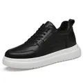 Men's black leather elevator sneakers with 8cm invisible heightening white sole - Black