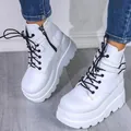Chic white platform ankle boots with high wedge soles and black laces for women - 38 / Buckle Punk Platform Style / White