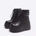 Black matte platform wedge boots with stylish buckle straps and classic lace-up design - 38 / Buckle Punk Platform Style / Black