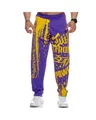 Full-length view of men's purple joggers with bold yellow graffiti prints for fitness - M / Bottoms / Purple