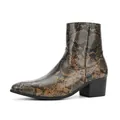 Botines de hombre con punta afilada, patrón de piel de serpiente bronce y tacón ancho - 40 / Estampado de serpiente / Marrón