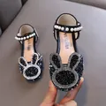 Sparkling black princess shoes for girls featuring rhinestone bunny ears and pearl strap - 21 / Black