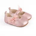 Zapatos Mary Jane rosa metalizado con lazo de tul para bebés de 0 a 1 año de edad. - Rosa