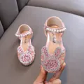 Sparkly pink girls princess flats featuring rhinestone rabbit and pearl strap detail - 21 / Pink