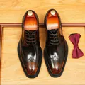 Chaussures Brogue marron à bout golf, patine vintage et bout carré pour hommes, mariage - Marron