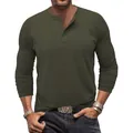 Detailansicht eines dunkelolivgrünen Langarm-Henley-Shirts für Herren mit Knopfkragen - Armeegrün