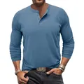 Detailaufnahme eines blauen Langarm-Henley-Shirts für Herren mit Knopfkragen-Design - M / Oberteile / Denim-Blau