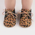 Adorable leopard print soft sole baby toddler shoes featuring tan lace-up closure detail - Leopard Print Black (2195)