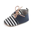 Close-up of navy blue and white striped infant pre-walker shoes with tan laces - 11cm / 2194 Stripes (Blue and White Stripes)
