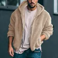 Men's warm beige sherpa fleece hooded jacket with zip closure for casual winter wear - S / Tops / Khaki