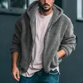 Detailed view of men's grey sherpa fleece hoodie showing plush texture and metal zipper. - S / Tops / Dark Gray