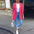 Fashionable mid-length pink blazer for women styled with jeans in a street view - S / Tops / Rose Red