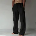 Vue détaillée du pantalon large en coton et lin noir pour hommes avec cordon - Noir